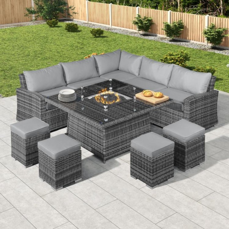 Nova Garden Furniture Cambridge Grey Rattan Deluxe Corner Dining Set with Fire Pit Table  