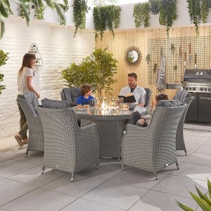 Nova Garden Furniture Thalia White Wash Rattan 6 Seat Round Dining Set with Fire Pit Table Nova Garden Furniture Thalia White Wash Rattan 6 Seat Round Dining Set with Fire Pit Table