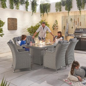 Nova Garden Furniture Thalia White Wash Rattan 6 Seat Rectangular Dining Set with Fire Pit Table Nova Garden Furniture Thalia White Wash Rattan 6 Seat Rectangular Dining Set with Fire Pit Table