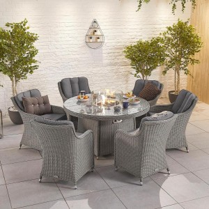 Nova Garden Furniture Camilla White Wash Rattan 6 Seat Round Dining Set with Fire Pit Nova Garden Furniture Camilla White Wash Rattan 6 Seat Round Dining Set with Fire Pit