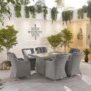 Nova Garden Furniture Camilla White Wash Rattan 6 Seat Rectangular Dining Set with Fire Pit Nova Garden Furniture Camilla White Wash Rattan 6 Seat Rectangular Dining Set with Fire Pit