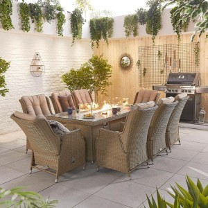 Nova Garden Furniture Carolina Willow Rattan 8 Seat Rectangular Dining Set with Fire Pit