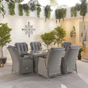 Nova Garden Furniture Carolina White Wash Rattan 6 Seat Rectangular Dining Set with Fire Pit Nova Garden Furniture Carolina White Wash Rattan 6 Seat Rectangular Dining Set with Fire Pit