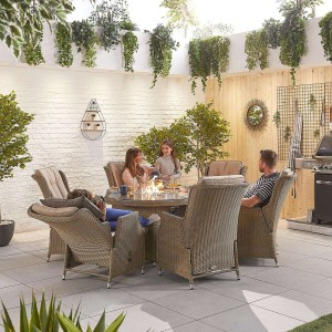 Nova Garden Furniture Carolina Willow Rattan 6 Seat Round Dining Set with Fire Pit Nova Garden Furniture Carolina Willow Rattan 6 Seat Round Dining Set with Fire Pit