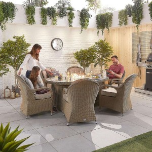 Nova Garden Furniture Leeanna Willow Rattan 6 Seat Oval Dining Set with Fire Pit