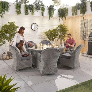 Nova Garden Furniture Leeanna White Wash Rattan 6 Seat Oval Dining Set with Fire Pit