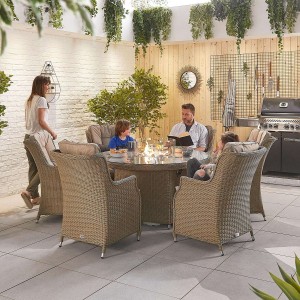Nova Garden Furniture Thalia Willow Rattan 6 Seat Round Dining Set with Fire Pit Table Nova Garden Furniture Thalia Willow Rattan 6 Seat Round Dining Set with Fire Pit Table