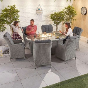 Nova Garden Furniture Thalia White Wash Rattan 6 Seat Oval Dining Set with Fire Pit Table