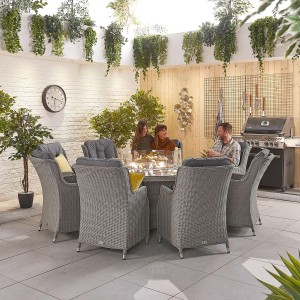 Nova Garden Furniture Thalia White Wash Rattan 8 Seat Round Dining Set with Fire Pit Table Nova Garden Furniture Thalia White Wash Rattan 8 Seat Round Dining Set with Fire Pit Table
