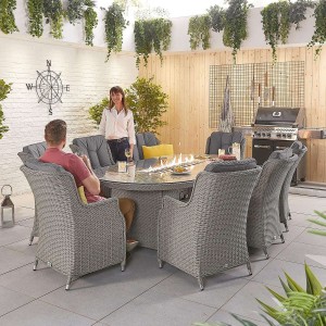Nova Garden Furniture Thalia White Wash Rattan 8 Seat Oval Dining Set with Fire Pit Table