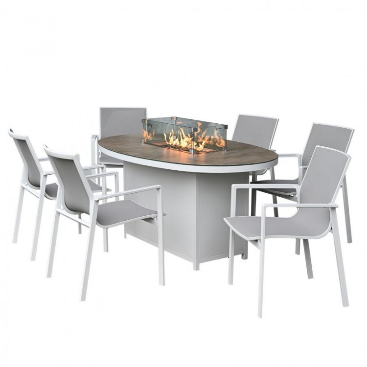 Nova Garden Furniture Milano White Frame 6 Seat Oval Dining Set with Firepit