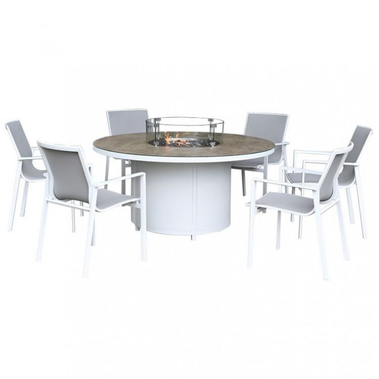 Nova Garden Furniture Milano White Frame 6 Seat Round Dining Set with Firepit