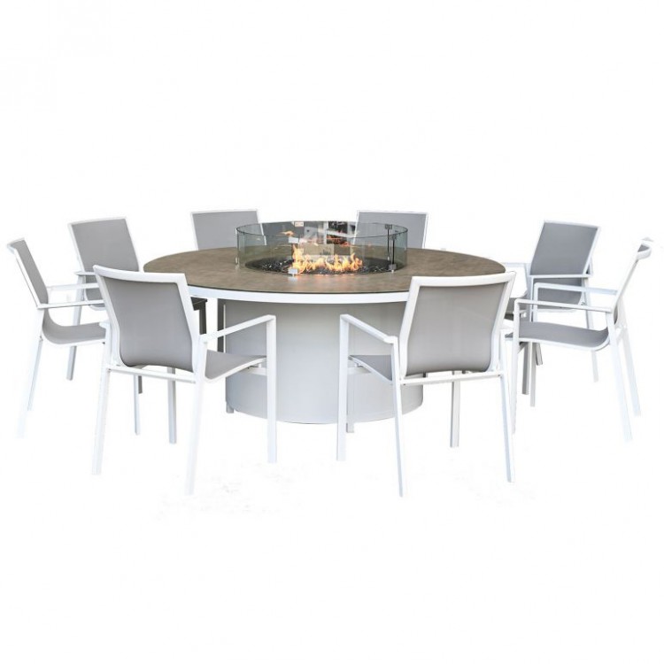 Nova Garden Furniture Milano White Frame 8 Seat Round Dining Set with Firepit