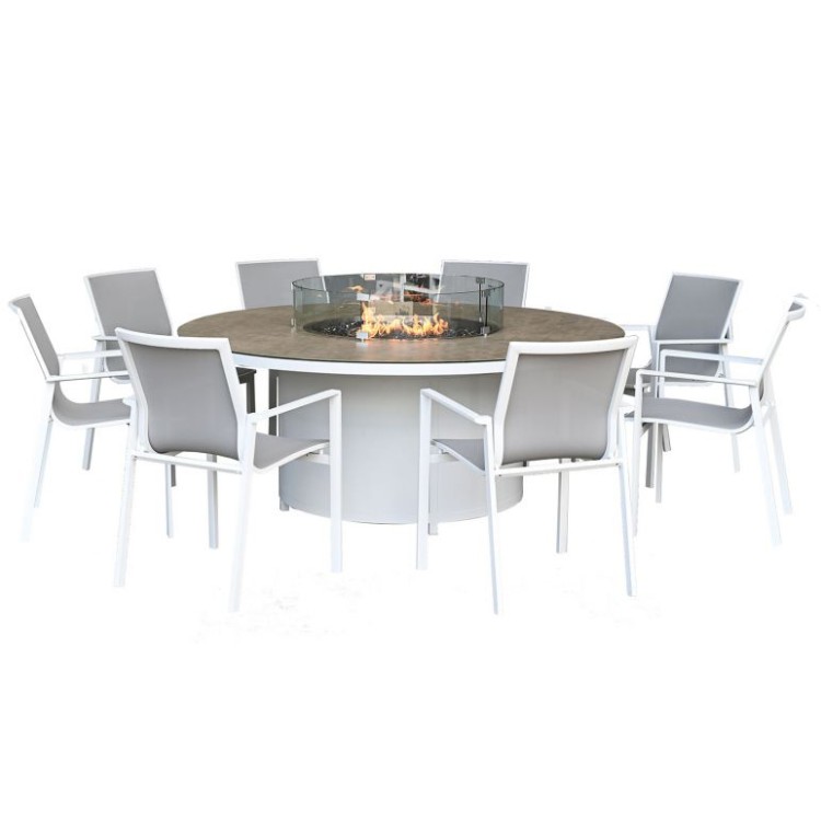 Nova Garden Furniture Milano White Frame 8 Seat Round Dining Set with Firepit