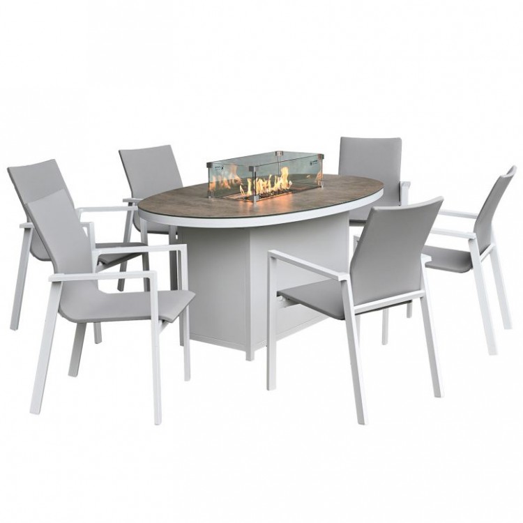 Nova Garden Furniture Roma White Frame 6 Seat Oval Dining Set with Firepit