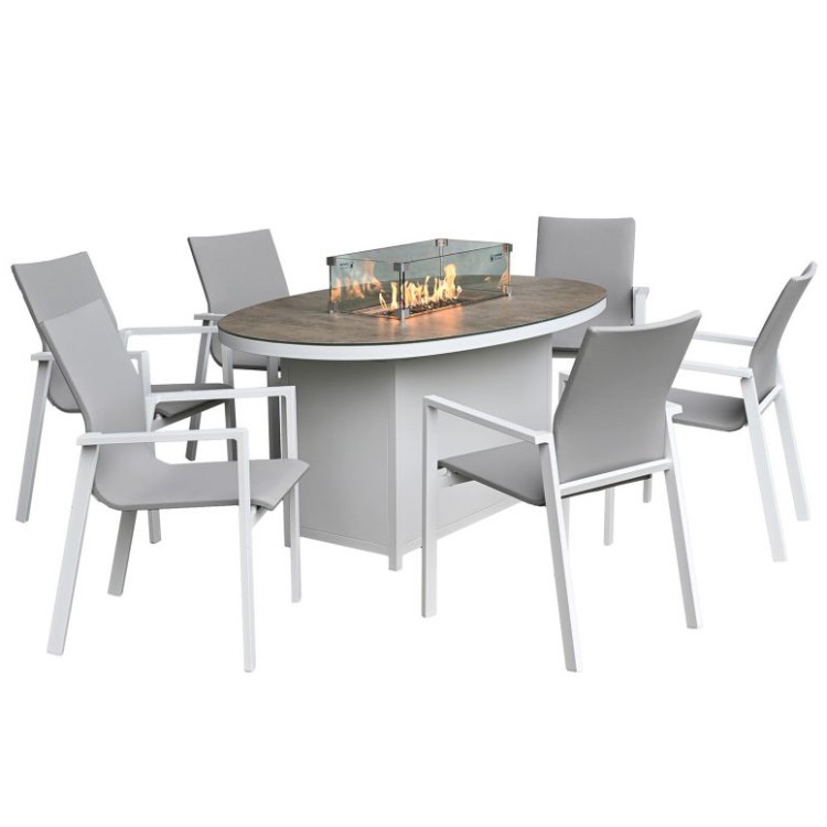 Nova Garden Furniture Roma White Frame 6 Seat Oval Dining Set with Firepit