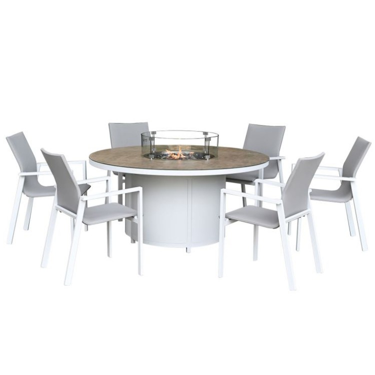 Nova Garden Furniture Roma White Frame 6 Seat Round Dining Set with Firepit