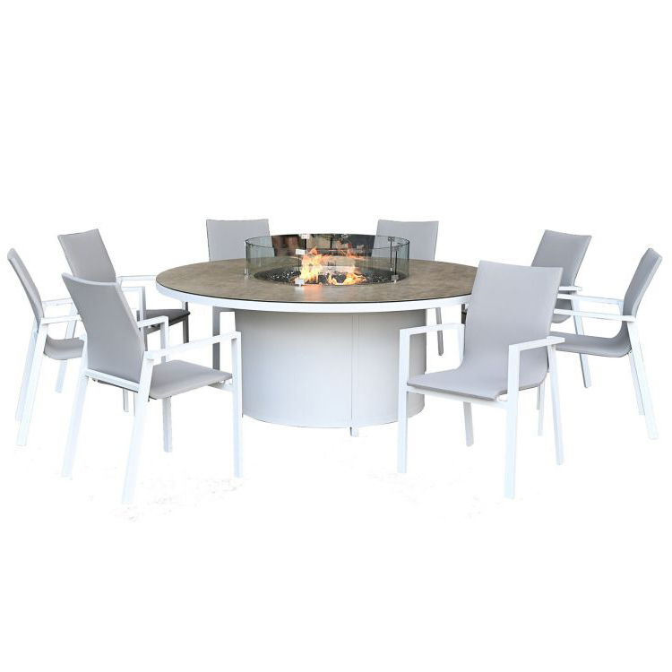 Nova Garden Furniture Roma White Frame 8 Seat Round Dining Set with Firepit