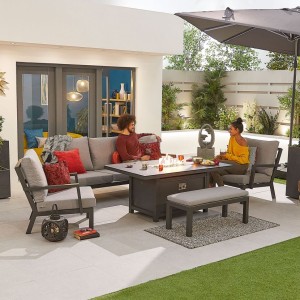 Nova Garden Furniture Vogue Grey Aluminium 3 Seat Sofa Dining Set with Firepit Table & Bench Nova Garden Furniture Vogue Grey Aluminium 3 Seat Sofa Dining Set with Firepit Table & Bench