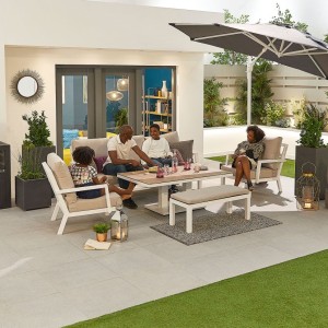 Nova Garden Furniture Vogue White Aluminium 3 Seat Sofa Dining Set with Rising Table & Bench Nova Garden Furniture Vogue White Aluminium 3 Seat Sofa Dining Set with Rising Table & Bench