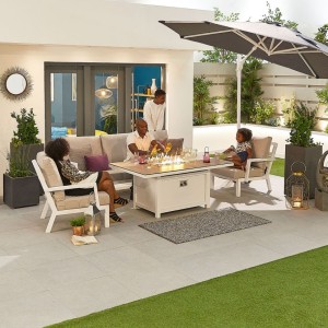 Nova Garden Furniture Vogue White Frame 3 Seat Sofa Dining Set with Firepit Table Nova Garden Furniture Vogue White Frame 3 Seat Sofa Dining Set with Firepit Table