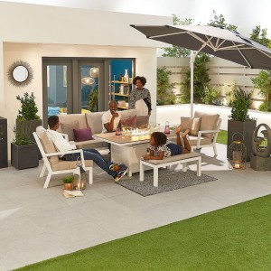 Nova Garden Furniture Vogue White Aluminium 3 Seat Sofa Dining Set with Firepit Table & Bench Nova Garden Furniture Vogue White Aluminium 3 Seat Sofa Dining Set with Firepit Table & Bench