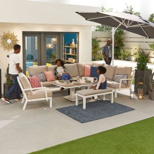 Nova Garden Furniture Vogue White Frame Corner Dining Set with Rising Table & Armchair & Bench Nova Garden Furniture Vogue White Frame Corner Dining Set with Rising Table & Armchair & Bench
