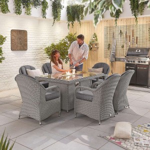 Nova Garden Furniture Leeanna White Wash Rattan 6 Seat Rectangular Dining Set with Fire Pit Nova Garden Furniture Leeanna White Wash Rattan 6 Seat Rectangular Dining Set with Fire Pit