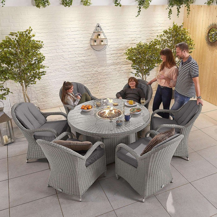 Nova Garden Furniture Leeanna White Wash Rattan 6 Seat Round Dining Set with Fire Pit