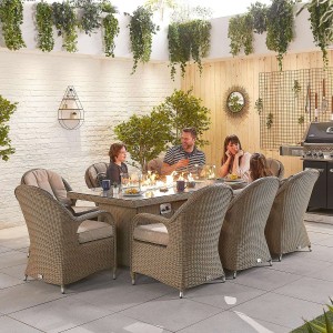 Nova Garden Furniture Leeanna Willow Rattan 8 Seat Rectangular Dining Set with Fire Pit