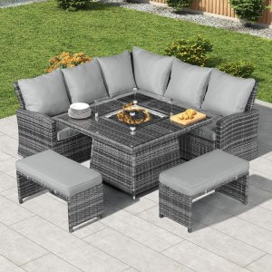 Nova Garden Furniture Cambridge Grey Rattan Corner Dining Set with Fire Pit Table 
