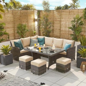 Nova Garden Furniture Cambridge Brown Rattan Left Hand Corner Dining Set with Parasol Hole Table  