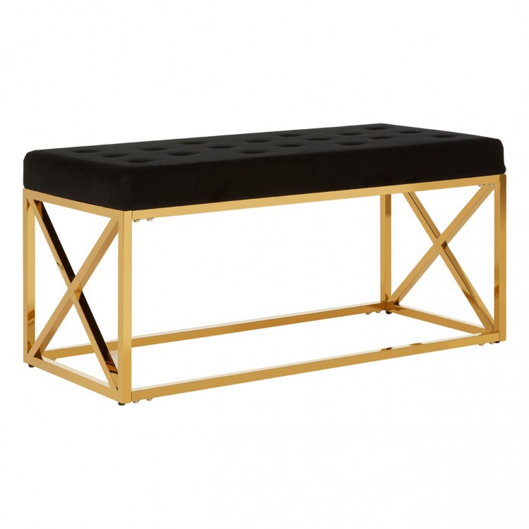 Allure Black Velvet Tufted Seat and Gold Finish Stainless Steel Bench 5502617