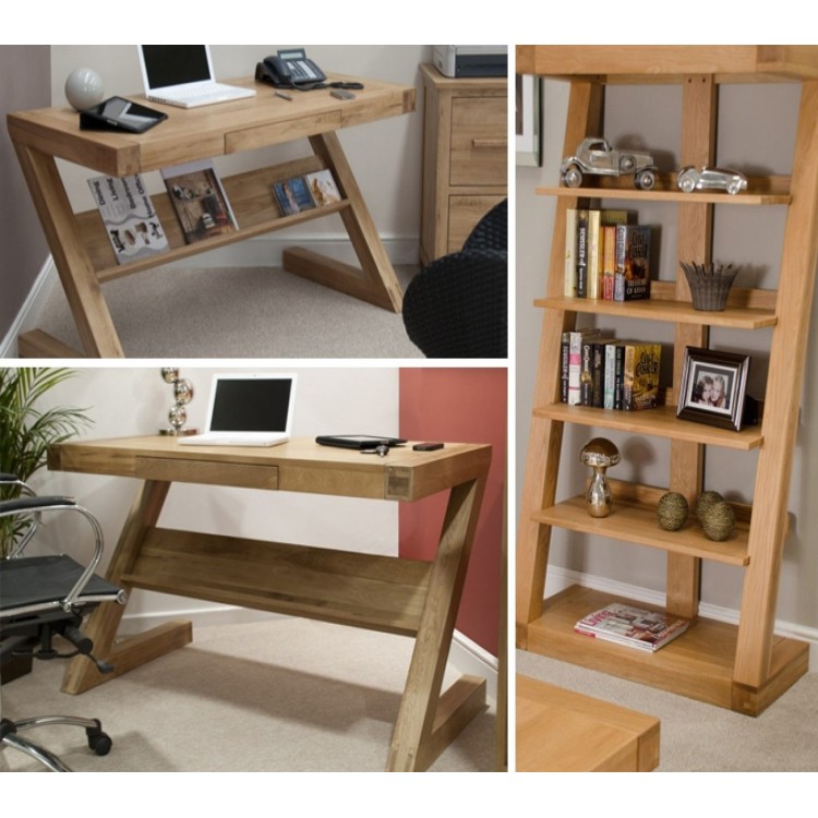 Z Solid Oak Furniture Computer Desk & Large Bookcase Set 