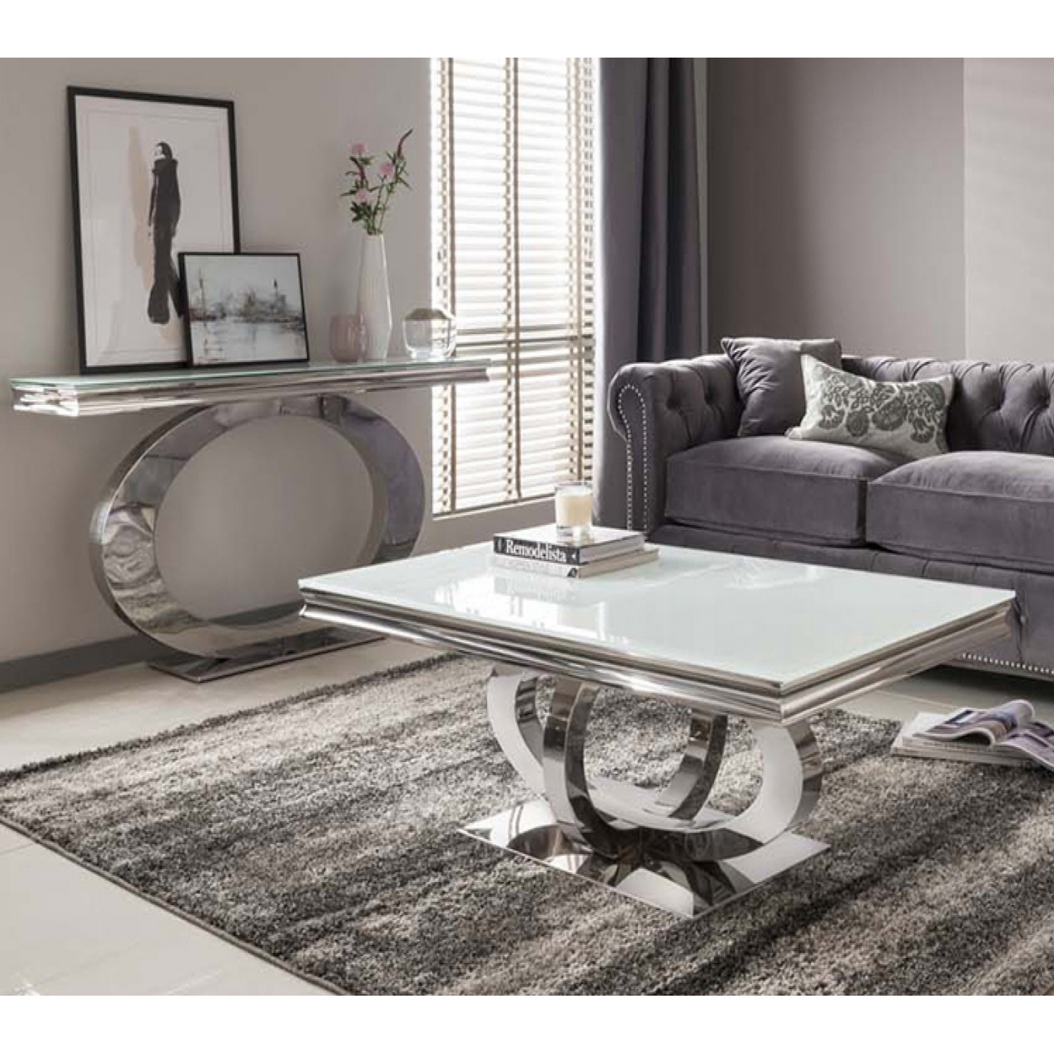 Vida Living Orion Chrome Glass, Matching Console And Coffee Table