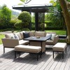 Maze Lounge Outdoor Fabric Pulse Taupe Square Corner Dining Set with Fire Pit 