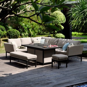 Maze Lounge Outdoor Fabric Pulse Taupe Rectangular Corner Dining Set with Fire Pit Maze Lounge Outdoor Fabric Pulse Taupe Rectangular Corner Dining Set with Fire Pit