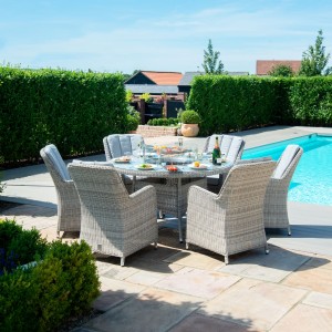 Maze Rattan Garden Furniture Oxford 6 Seat Round Fire Pit Table with Venice Chairs & Lazy Susan Maze Rattan Garden Furniture Oxford 6 Seat Round Fire Pit Table with Venice Chairs & Lazy Susan