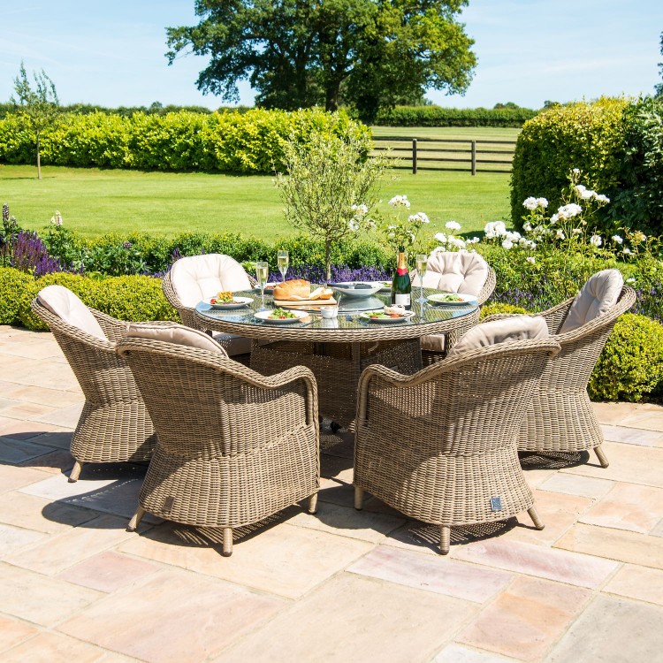 Rattan Winchester 6 Seat Round Fp Table Heritage Chairs Oak Furniture House - Round Garden Furniture With Fire Pit Table