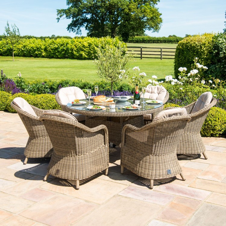 Maze Rattan Garden Furniture Winchester 6 Seat Round Fire Pit Table With Heritage Chairs