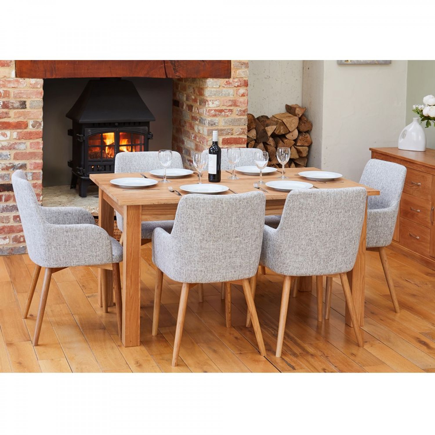 Mobel Oak Furniture 150cm Six Seater Dining Table Slate Chair Set Oak Furniture House