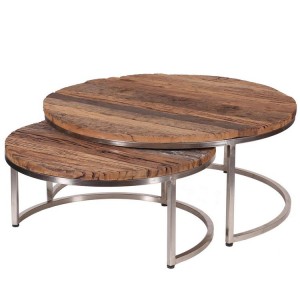 Eclectic Reclaimed Wood Furniture Nest of 2 Round Coffee Tables