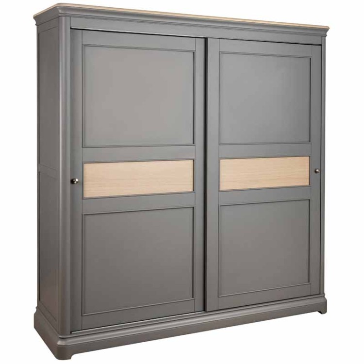 Stone Grey Painted Furniture Sliding Door Double Wardrobe with Oak Top