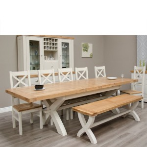 Deluxe Solid Oak Grey Painted Furniture Cross Leg Dining Table 200-280cm Deluxe Solid Oak Grey Painted Furniture Cross Leg Dining Table 200-280cm