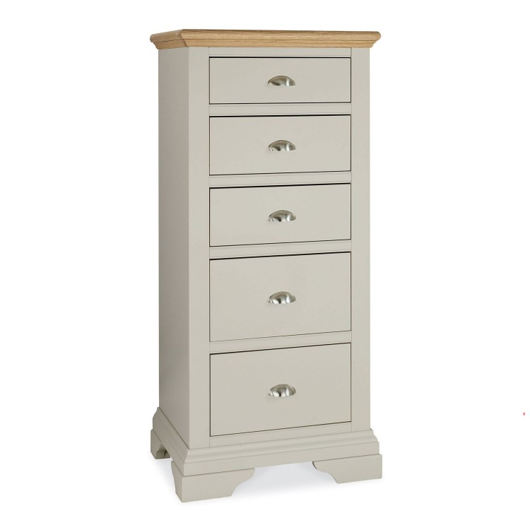 Hampstead Soft Grey & Pale Oak Furniture 5 Drawer Tallboy Chest