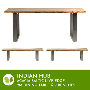 Indian Hub Acacia Baltic Live Edge Dining Table 2m & 2 Benches LD04+LD07