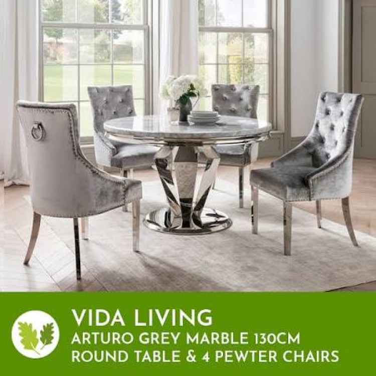 Vida Living Arturo Grey Marble 130cm Round Table & 4 Belvedere Pewter Chairs Aro-131-GY+Bel-111-GY