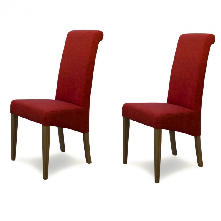 Italia Solid Oak Furniture Chilli Red Fabric Dining Chair Pair