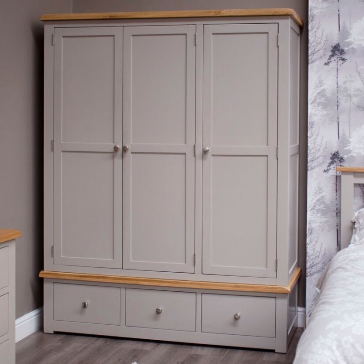 Diamond Oak Top Grey Painted Furniture Triple Wardrobe