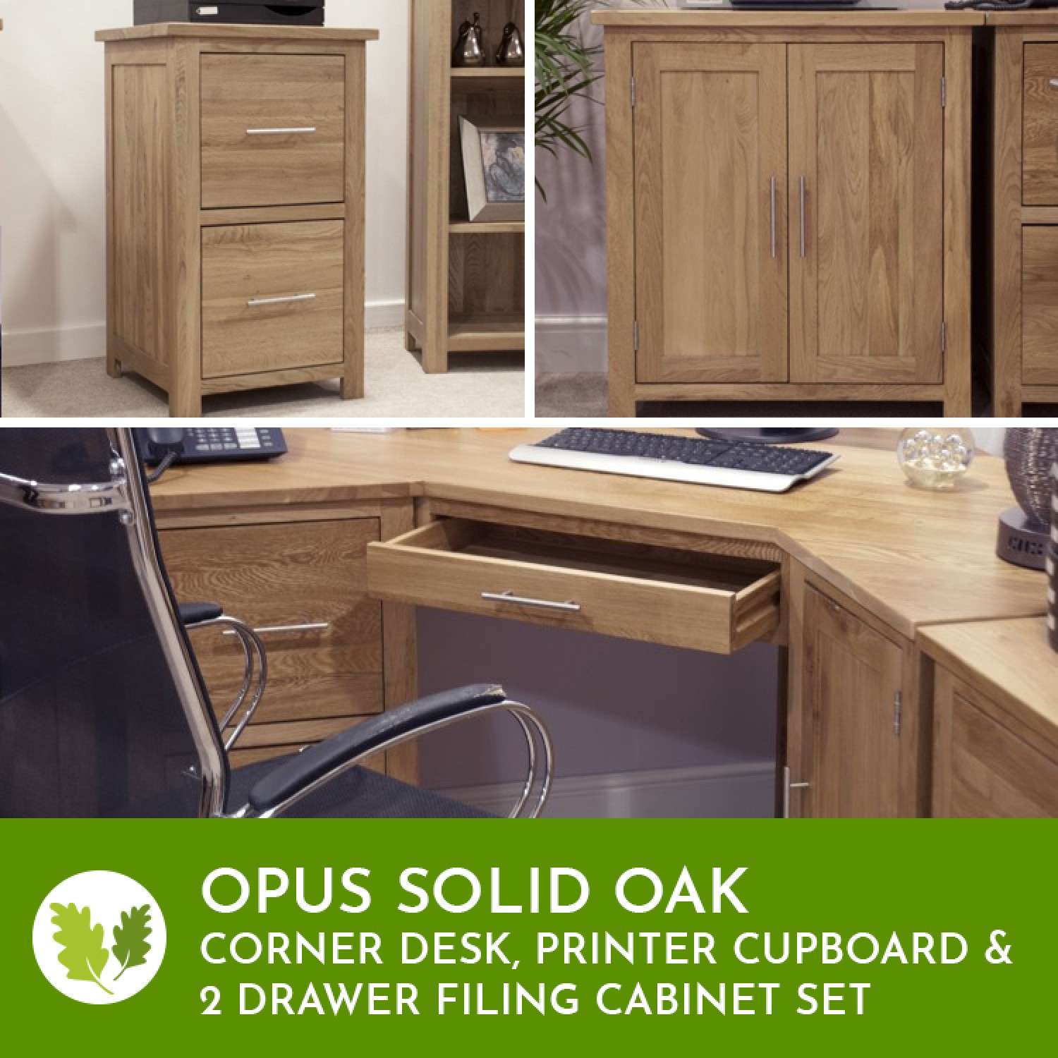 Opus Solid Oak Corner Desk Filing Cabinet Printer Cupboard Set